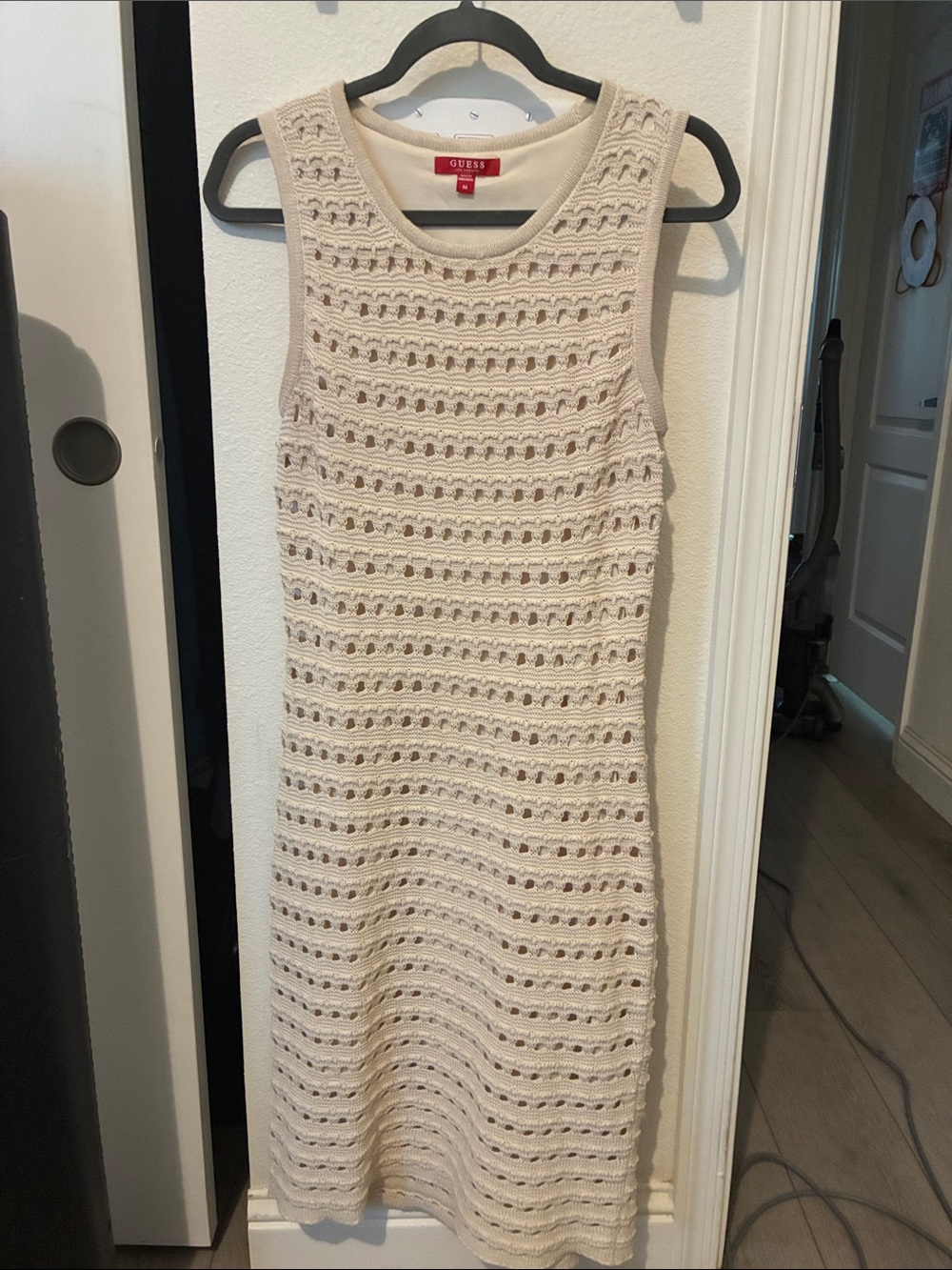 GUESS Cream Openwork Sleeveless Midi Dress
